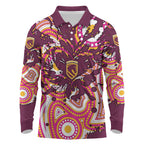 Personalised Brisbane Broncos Rugby Long Sleeve Polo Shirt Aboriginal Art Style Pink And Gold Patterned Graphics