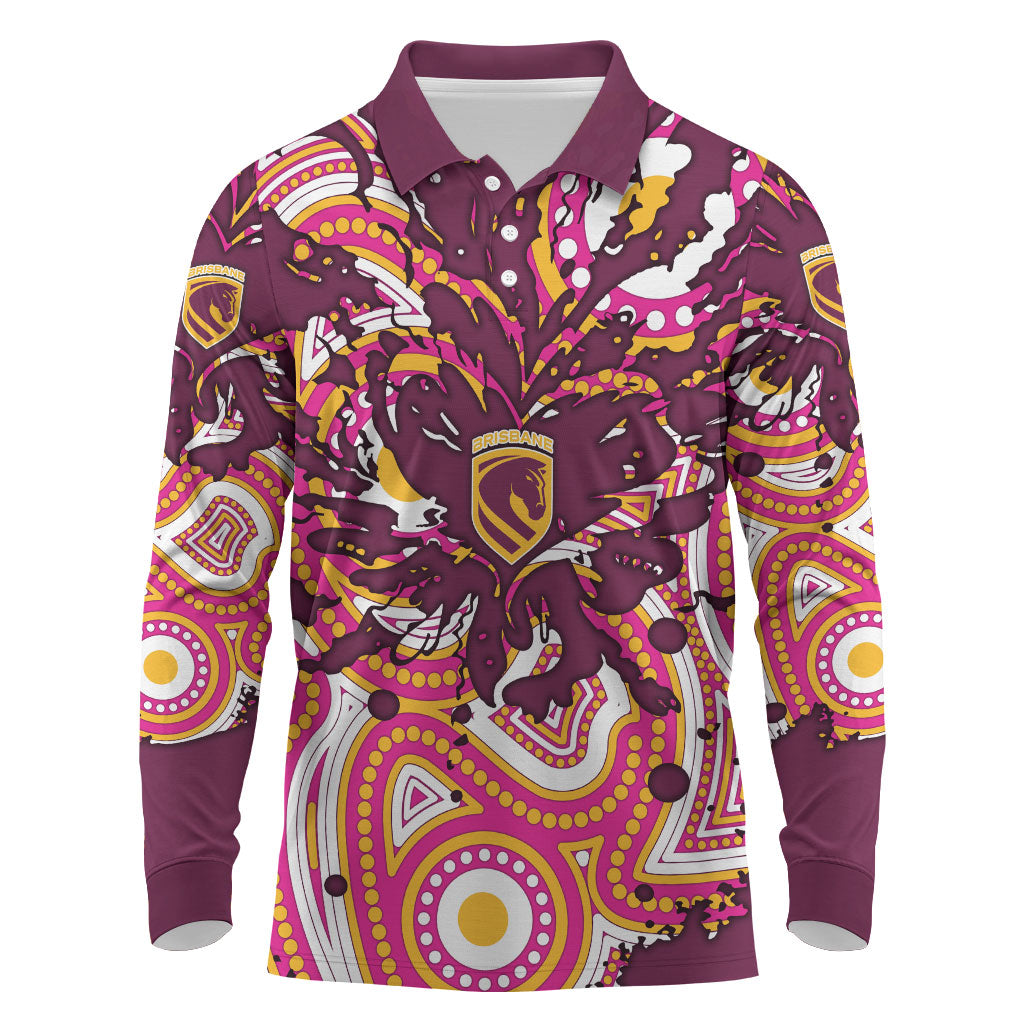 Personalised Brisbane Broncos Rugby Long Sleeve Polo Shirt Aboriginal Art Style Pink And Gold Patterned Graphics