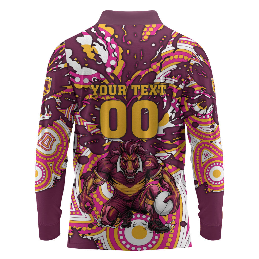 Personalised Brisbane Broncos Rugby Long Sleeve Polo Shirt Aboriginal Art Style Pink And Gold Patterned Graphics