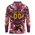 Personalised Brisbane Broncos Rugby Long Sleeve Polo Shirt Aboriginal Art Style Pink And Gold Patterned Graphics
