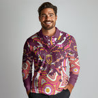 Personalised Brisbane Broncos Rugby Long Sleeve Polo Shirt Aboriginal Art Style Pink And Gold Patterned Graphics
