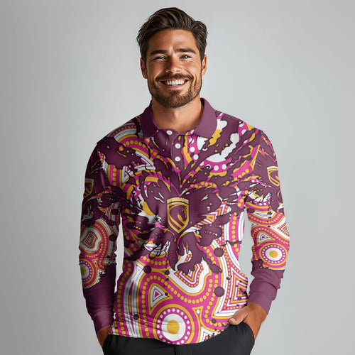 Personalised Brisbane Broncos Rugby Long Sleeve Polo Shirt Aboriginal Art Style Pink And Gold Patterned Graphics
