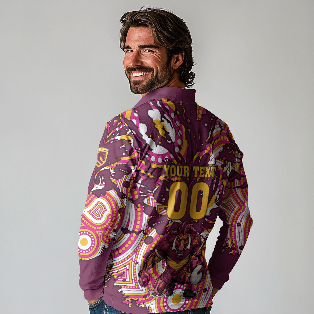 Personalised Brisbane Broncos Rugby Long Sleeve Polo Shirt Aboriginal Art Style Pink And Gold Patterned Graphics