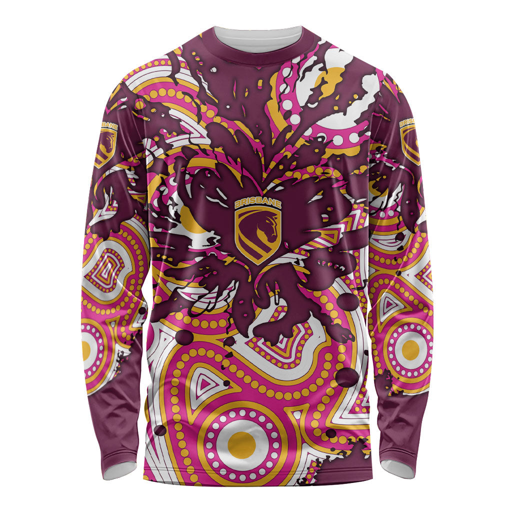 Personalised Brisbane Broncos Rugby Long Sleeve Shirt Aboriginal Art Style Pink And Gold Patterned Graphics