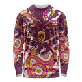 Personalised Brisbane Broncos Rugby Long Sleeve Shirt Aboriginal Art Style Pink And Gold Patterned Graphics
