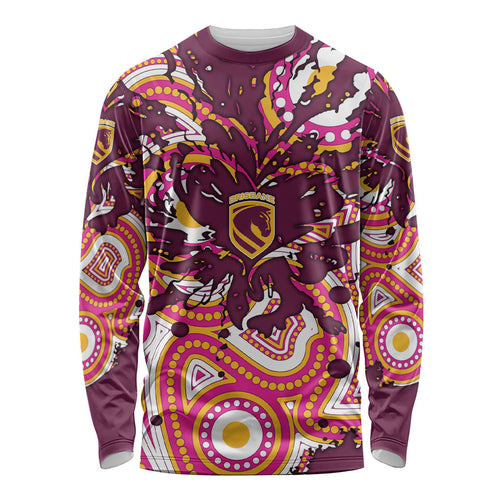 Personalised Brisbane Broncos Rugby Long Sleeve Shirt Aboriginal Art Style Pink And Gold Patterned Graphics