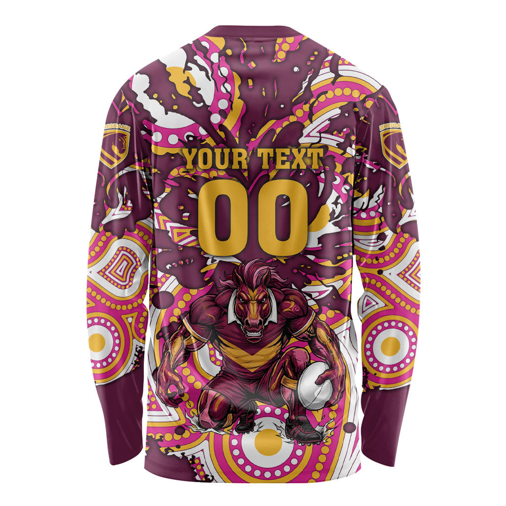Personalised Brisbane Broncos Rugby Long Sleeve Shirt Aboriginal Art Style Pink And Gold Patterned Graphics