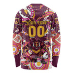 Personalised Brisbane Broncos Rugby Long Sleeve Shirt Aboriginal Art Style Pink And Gold Patterned Graphics