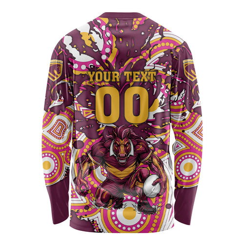 Personalised Brisbane Broncos Rugby Long Sleeve Shirt Aboriginal Art Style Pink And Gold Patterned Graphics