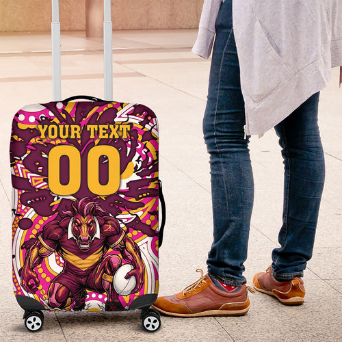 Personalised Brisbane Broncos Rugby Luggage Cover Aboriginal Art Style Pink And Gold Patterned Graphics