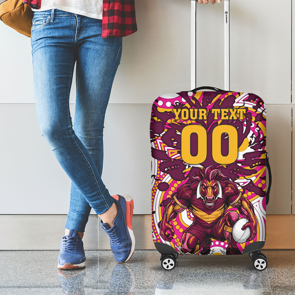 Personalised Brisbane Broncos Rugby Luggage Cover Aboriginal Art Style Pink And Gold Patterned Graphics