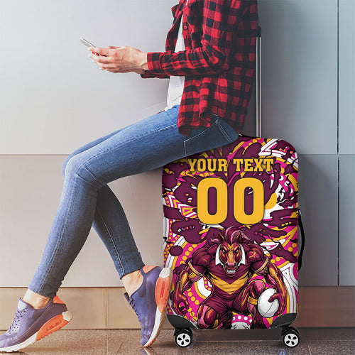 Personalised Brisbane Broncos Rugby Luggage Cover Aboriginal Art Style Pink And Gold Patterned Graphics