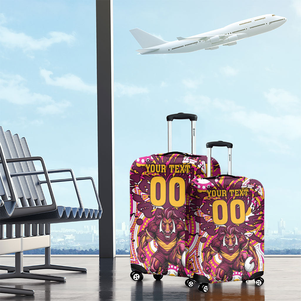 Personalised Brisbane Broncos Rugby Luggage Cover Aboriginal Art Style Pink And Gold Patterned Graphics
