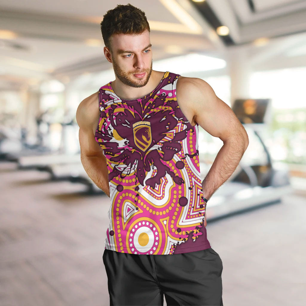 Personalised Brisbane Broncos Rugby Men Tank Top Aboriginal Art Style Pink And Gold Patterned Graphics
