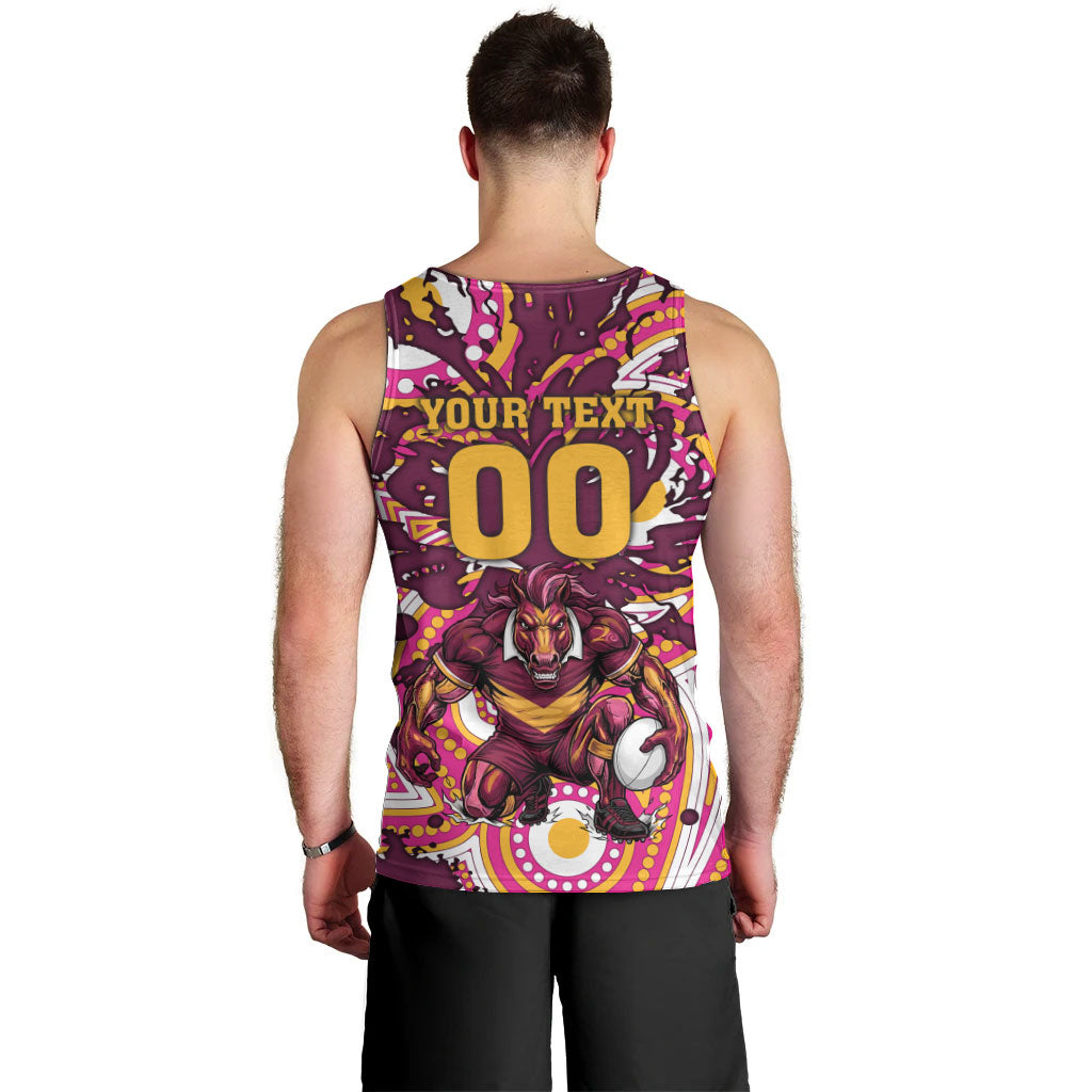 Personalised Brisbane Broncos Rugby Men Tank Top Aboriginal Art Style Pink And Gold Patterned Graphics