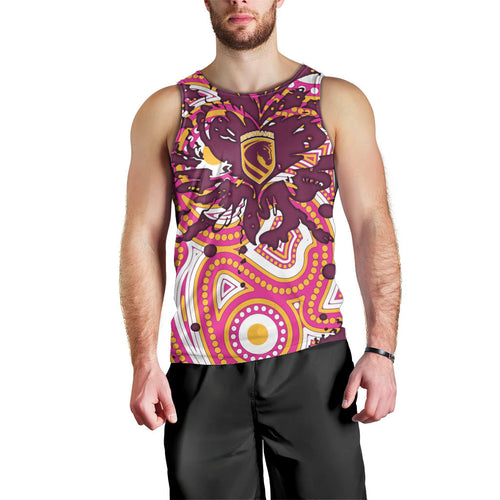Personalised Brisbane Broncos Rugby Men Tank Top Aboriginal Art Style Pink And Gold Patterned Graphics