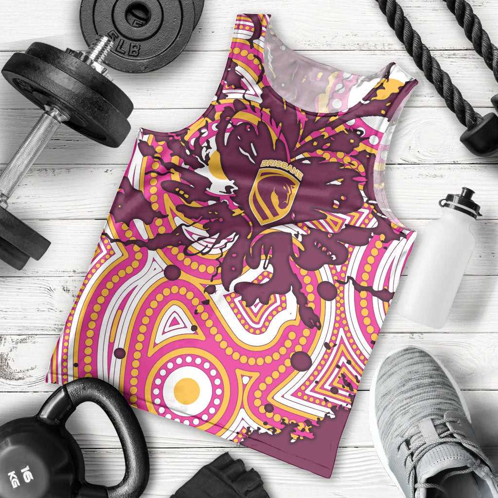 Personalised Brisbane Broncos Rugby Men Tank Top Aboriginal Art Style Pink And Gold Patterned Graphics