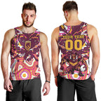 Personalised Brisbane Broncos Rugby Men Tank Top Aboriginal Art Style Pink And Gold Patterned Graphics