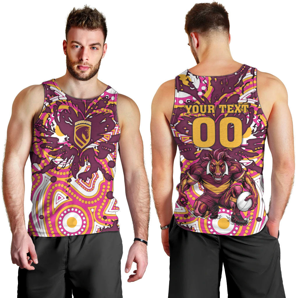 Personalised Brisbane Broncos Rugby Men Tank Top Aboriginal Art Style Pink And Gold Patterned Graphics