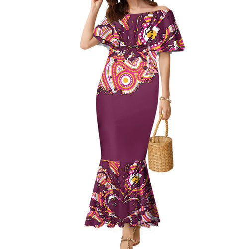 Personalised Brisbane Broncos Rugby Mermaid Dress Aboriginal Art Style Pink And Gold Patterned Graphics