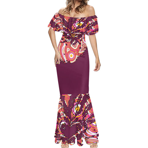 Personalised Brisbane Broncos Rugby Mermaid Dress Aboriginal Art Style Pink And Gold Patterned Graphics