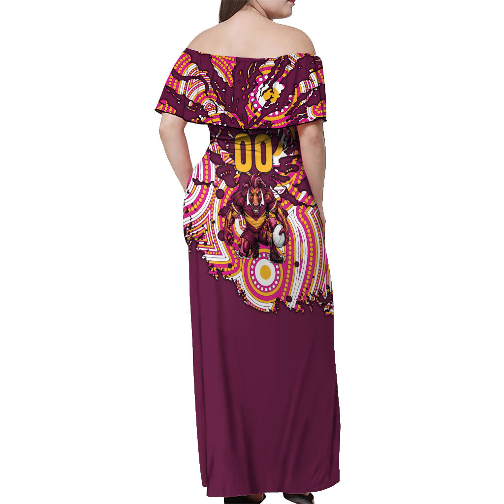 Personalised Brisbane Broncos Rugby Off Shoulder Maxi Dress Aboriginal Art Style Pink And Gold Patterned Graphics
