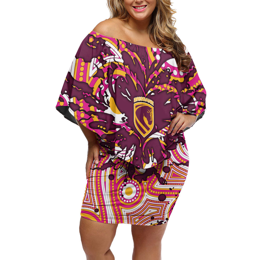 Personalised Brisbane Broncos Rugby Off Shoulder Short Dress Aboriginal Art Style Pink And Gold Patterned Graphics