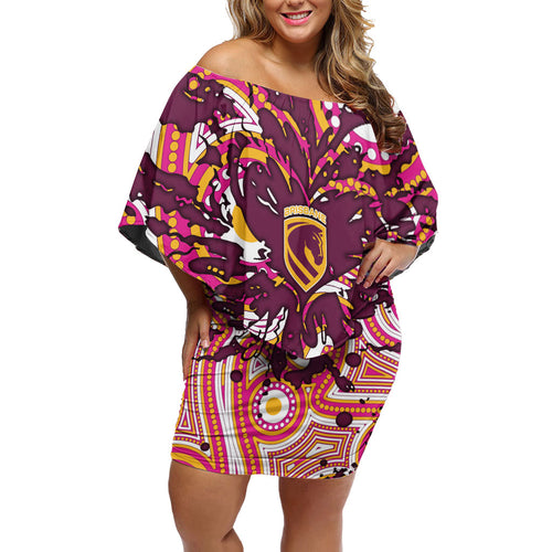 Personalised Brisbane Broncos Rugby Off Shoulder Short Dress Aboriginal Art Style Pink And Gold Patterned Graphics