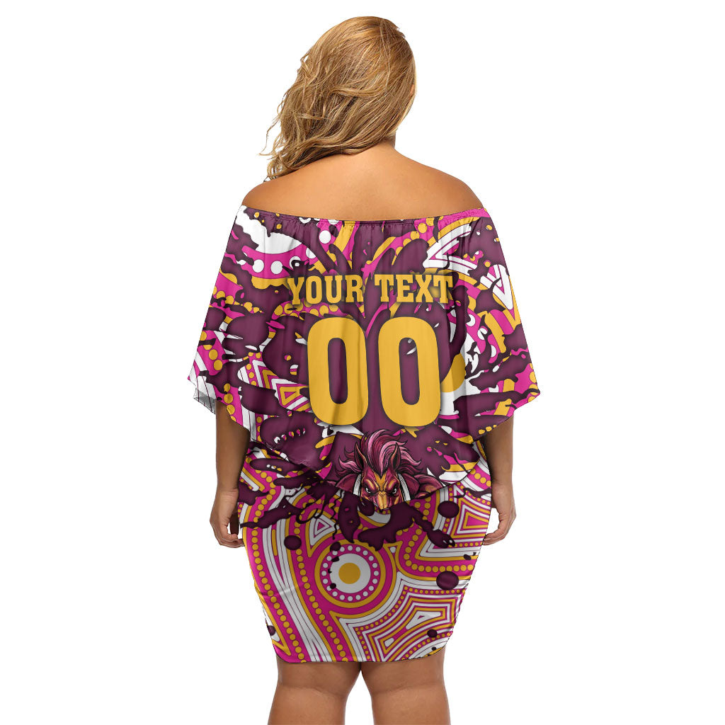 Personalised Brisbane Broncos Rugby Off Shoulder Short Dress Aboriginal Art Style Pink And Gold Patterned Graphics