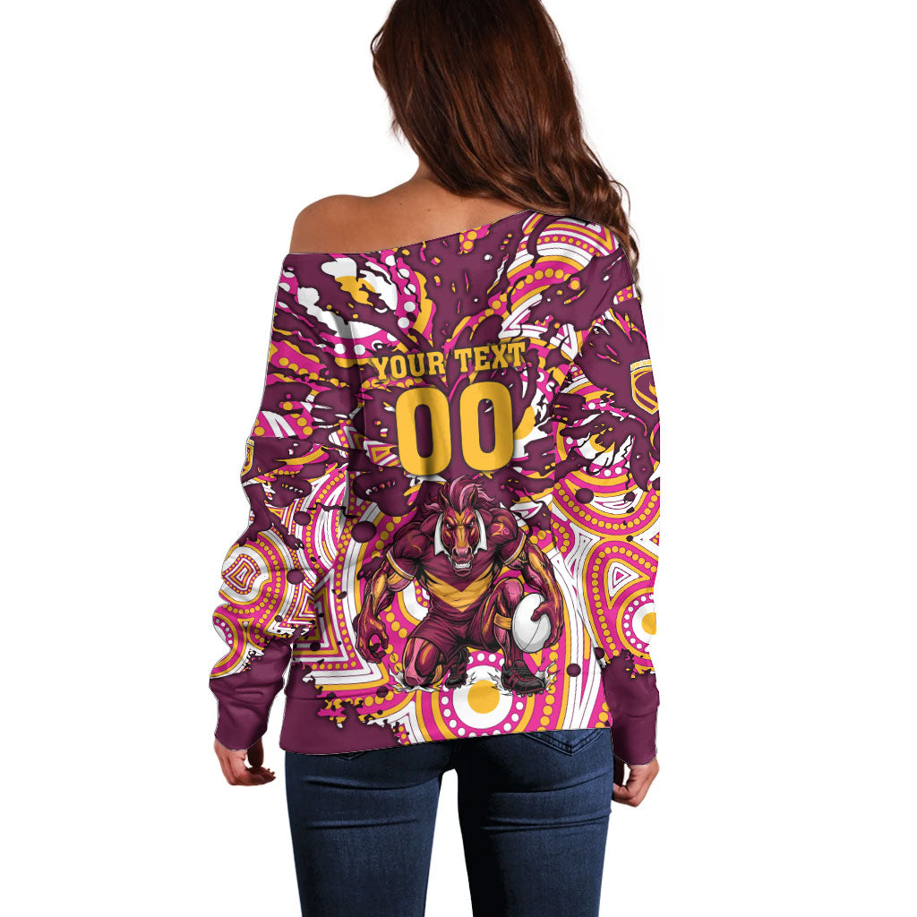 Personalised Brisbane Broncos Rugby Off Shoulder Sweater Aboriginal Art Style Pink And Gold Patterned Graphics