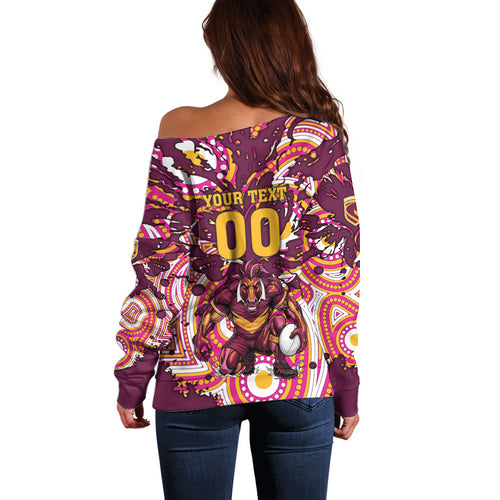 Personalised Brisbane Broncos Rugby Off Shoulder Sweater Aboriginal Art Style Pink And Gold Patterned Graphics