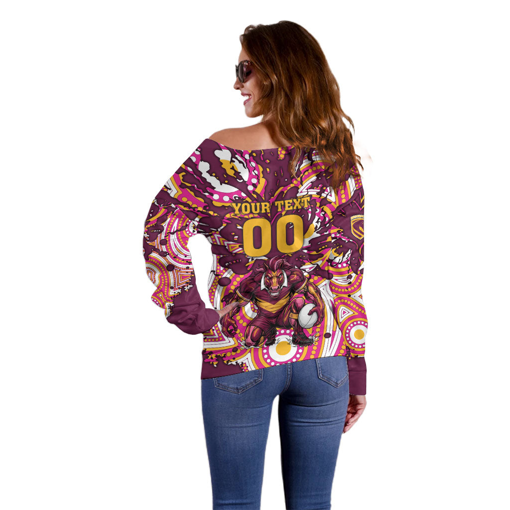 Personalised Brisbane Broncos Rugby Off Shoulder Sweater Aboriginal Art Style Pink And Gold Patterned Graphics