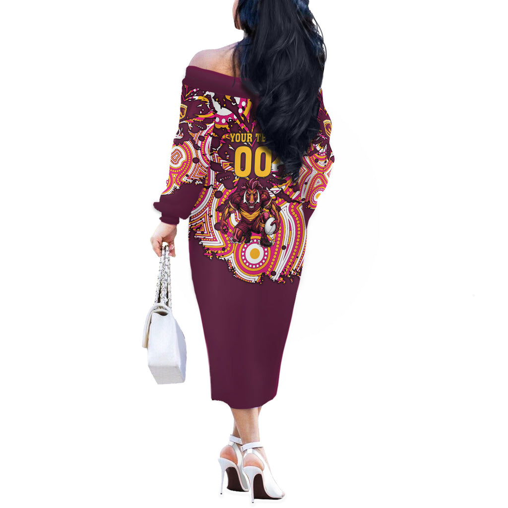 Personalised Brisbane Broncos Rugby Off The Shoulder Long Sleeve Dress Aboriginal Art Style Pink And Gold Patterned Graphics