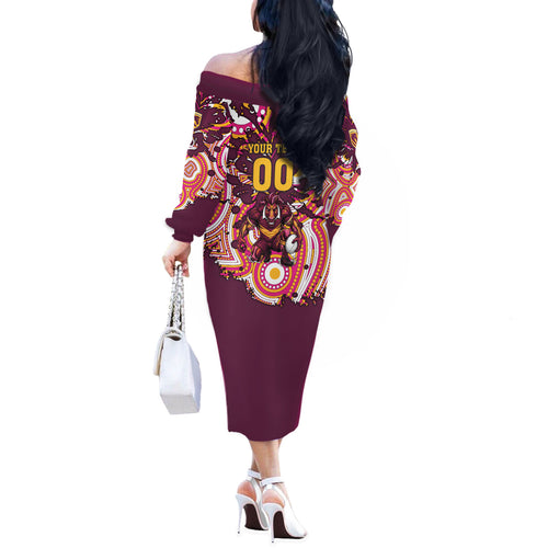 Personalised Brisbane Broncos Rugby Off The Shoulder Long Sleeve Dress Aboriginal Art Style Pink And Gold Patterned Graphics