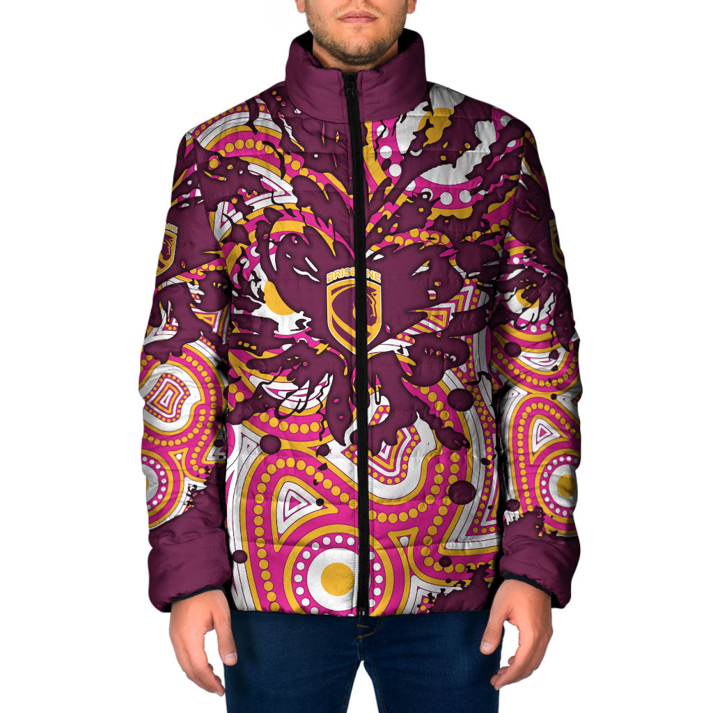 Personalised Brisbane Broncos Rugby Padded Jacket Aboriginal Art Style Pink And Gold Patterned Graphics