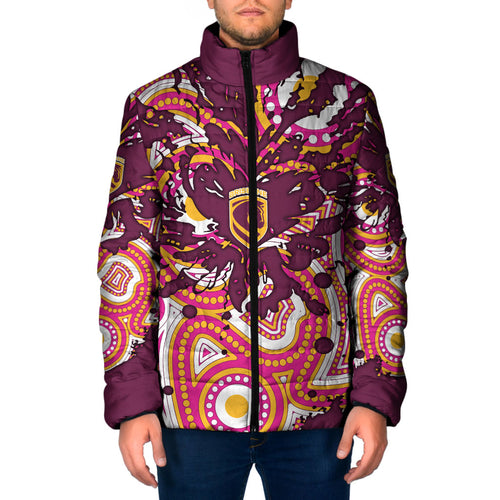 Personalised Brisbane Broncos Rugby Padded Jacket Aboriginal Art Style Pink And Gold Patterned Graphics