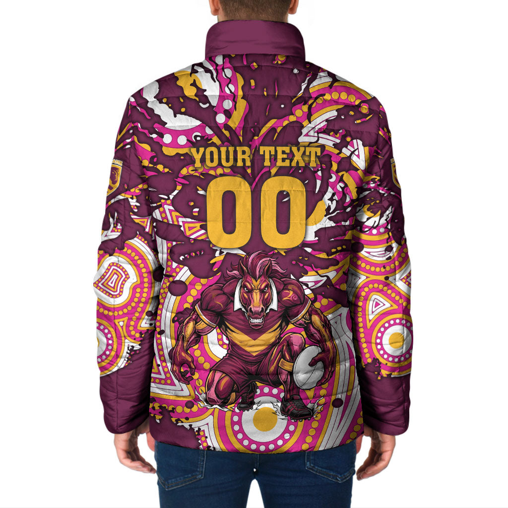 Personalised Brisbane Broncos Rugby Padded Jacket Aboriginal Art Style Pink And Gold Patterned Graphics