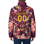 Personalised Brisbane Broncos Rugby Padded Jacket Aboriginal Art Style Pink And Gold Patterned Graphics
