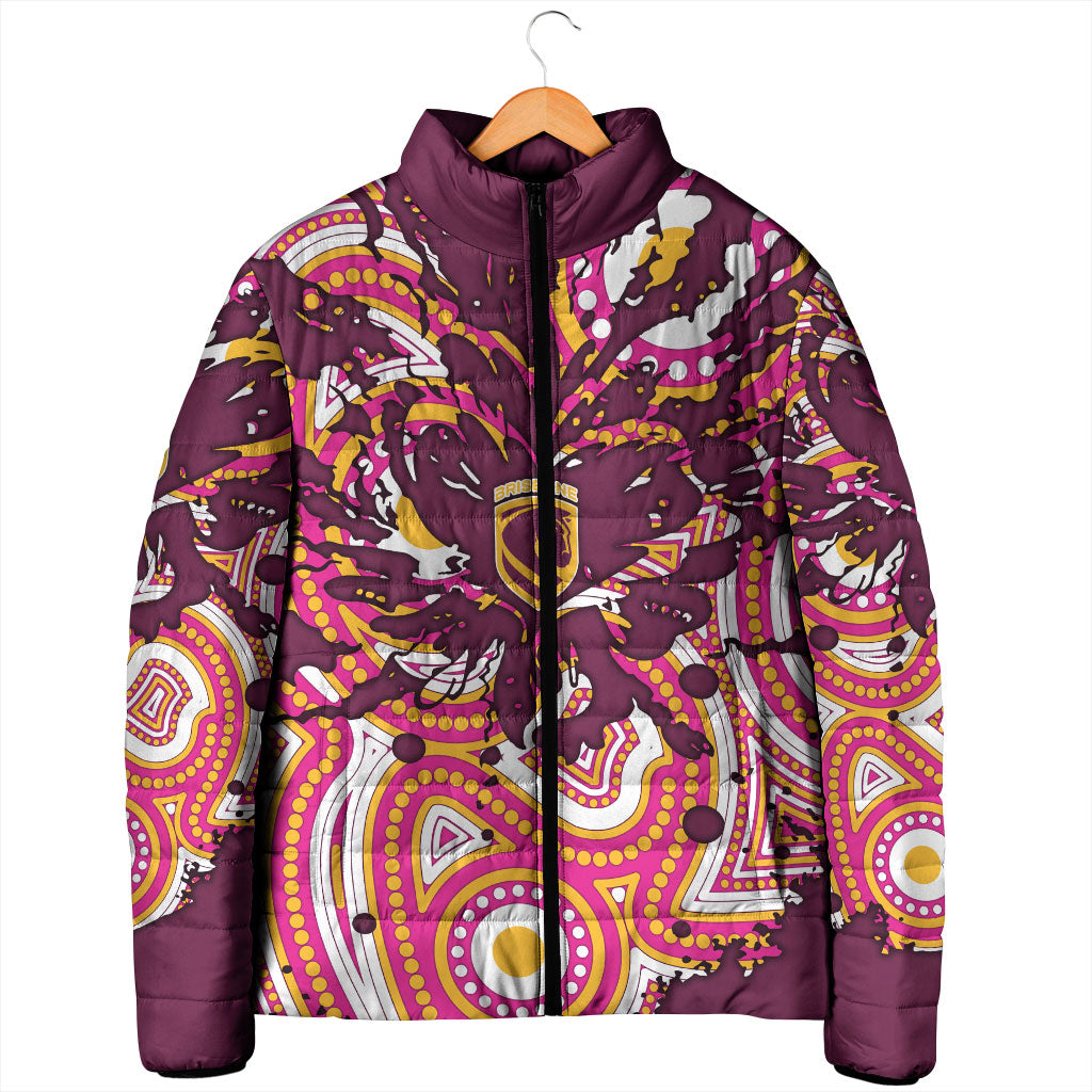 Personalised Brisbane Broncos Rugby Padded Jacket Aboriginal Art Style Pink And Gold Patterned Graphics