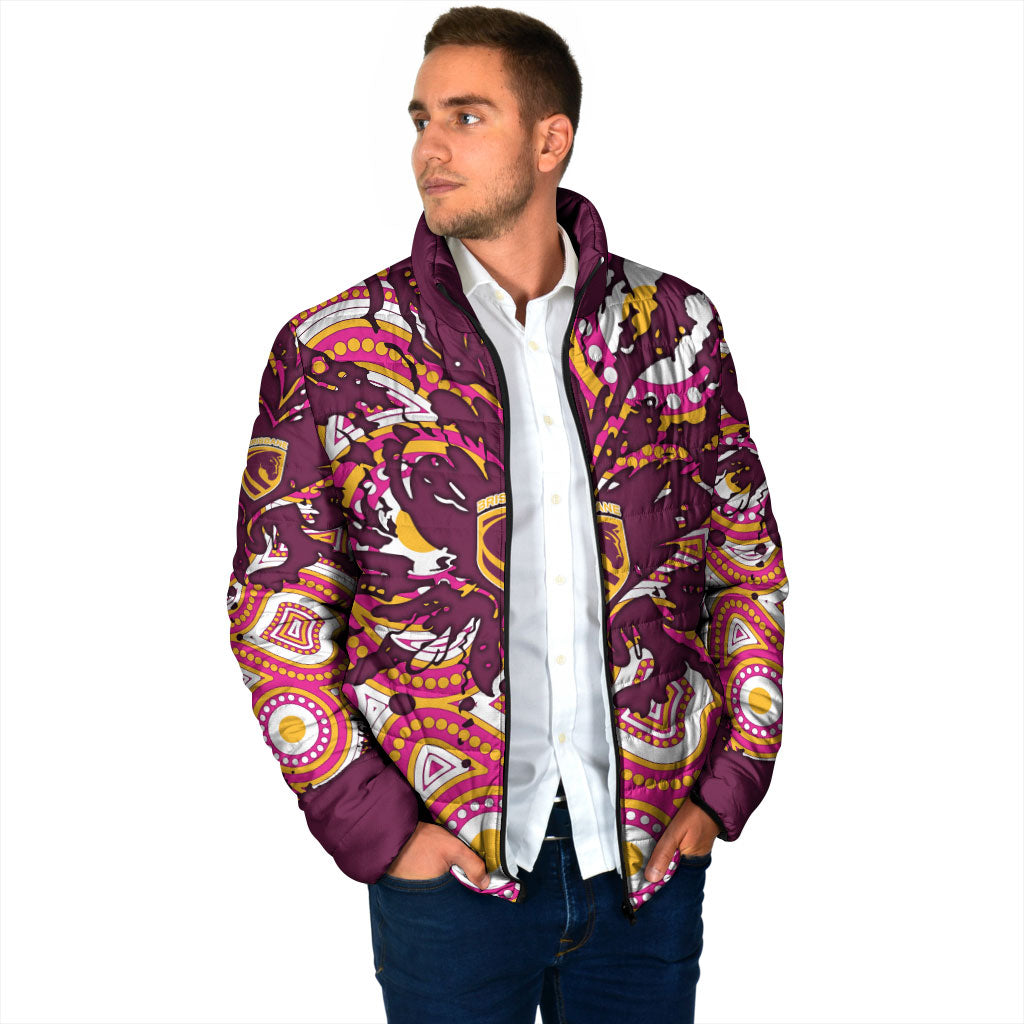 Personalised Brisbane Broncos Rugby Padded Jacket Aboriginal Art Style Pink And Gold Patterned Graphics