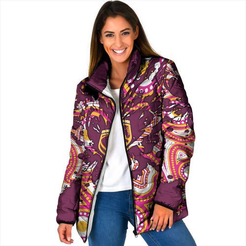 Personalised Brisbane Broncos Rugby Padded Jacket Aboriginal Art Style Pink And Gold Patterned Graphics