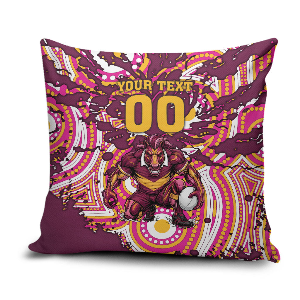 Personalised Brisbane Broncos Rugby Pillow Cover Aboriginal Art Style Pink And Gold Patterned Graphics