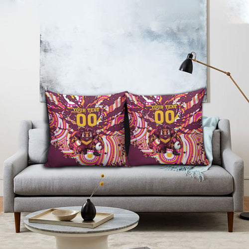 Personalised Brisbane Broncos Rugby Pillow Cover Aboriginal Art Style Pink And Gold Patterned Graphics