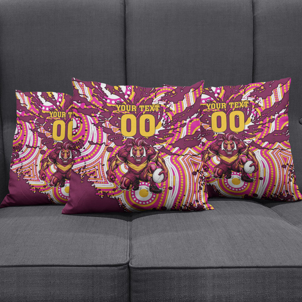 Personalised Brisbane Broncos Rugby Pillow Cover Aboriginal Art Style Pink And Gold Patterned Graphics