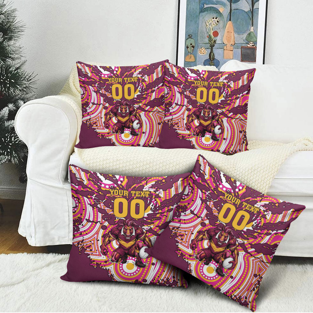 Personalised Brisbane Broncos Rugby Pillow Cover Aboriginal Art Style Pink And Gold Patterned Graphics