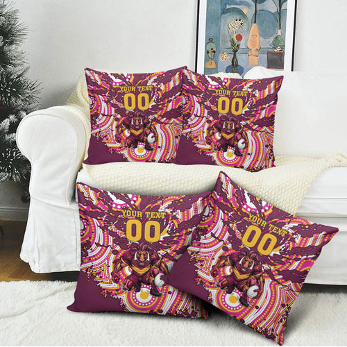 Personalised Brisbane Broncos Rugby Pillow Cover Aboriginal Art Style Pink And Gold Patterned Graphics
