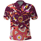 Personalised Brisbane Broncos Rugby Polo Shirt Aboriginal Art Style Pink And Gold Patterned Graphics