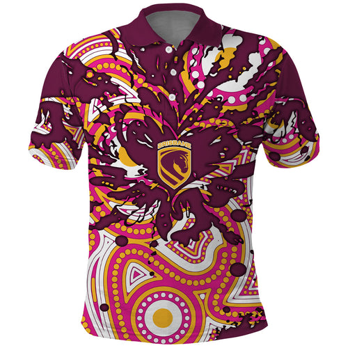 Personalised Brisbane Broncos Rugby Polo Shirt Aboriginal Art Style Pink And Gold Patterned Graphics