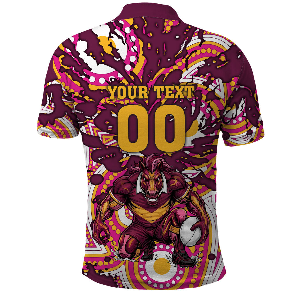 Personalised Brisbane Broncos Rugby Polo Shirt Aboriginal Art Style Pink And Gold Patterned Graphics