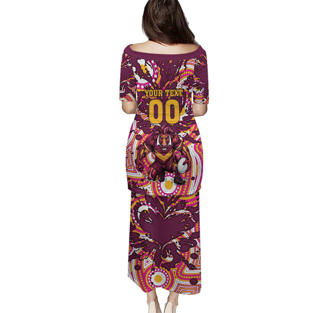 Personalised Brisbane Broncos Rugby Puletasi Aboriginal Art Style Pink And Gold Patterned Graphics